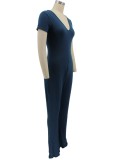 Women Summer Dark blue Casual V-neck Short Sleeves Solid Full Length Regular Jumpsuit