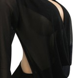 Women Summer Black Sexy V-neck Full Sleeves High Waist Solid Mesh Regular MiniTwo Piece Skirt Set