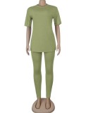 Women Summer Green Casual O-Neck Short Sleeves High Waist Solid Regular Two Piece Pants Set