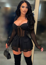 Women Summer Black Sexy Square Collar Full Sleeves High Waist Solid Pockets Regular Plus Size Two Piece Short Set