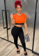 Women Summer Orange Casual O-Neck Short Sleeves High Waist Solid Skinny Two Piece Pants Set