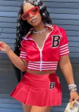 Women Summer Red Turn-down Collar Short Sleeves High Waist Letter Print Loose Short Sweatsuit
