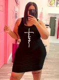 Women Summer Black Casual Strap Sleeveless Letter Print Knee-Length Straight Plus Size Casual Dress