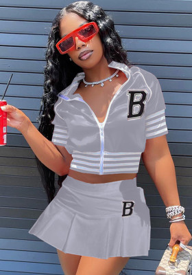 Women Summer Grey Turn-down Collar Short Sleeves High Waist Letter Print Loose Short Sweatsuit