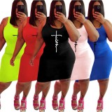 Women Summer Black Casual Strap Sleeveless Letter Print Knee-Length Straight Plus Size Casual Dress