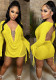 Women Summer Yellow Sexy V-neck Full Sleeves High Waist Solid Mesh Regular MiniTwo Piece Skirt Set