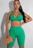 Women Summer Green Casual V-neck Sleeveless High Waist Solid Skinny Two Piece Shorts Set