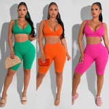 Women Summer Rose Casual V-neck Sleeveless High Waist Solid Skinny Two Piece Shorts Set