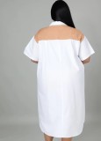 Women Autumn Khaki Casual Turn-down Collar Half Sleeves Color Blocking Zippers Midi Loose Plus Size Casual Dress