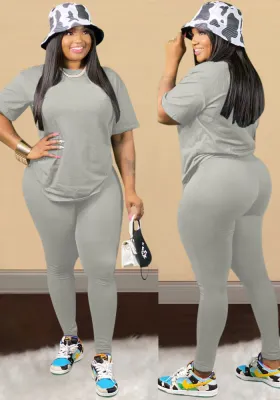 Women Summer Grey Casual O-Neck Short Sleeves High Waist Solid Regular Two Piece Pants Set