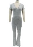 Women Summer Grey Casual V-neck Short Sleeves Solid Full Length Regular Jumpsuit