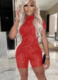 Women Summer Red Casual Turtleneck Short Sleeves Solid Hollow Out Above Knee Regular Rompers