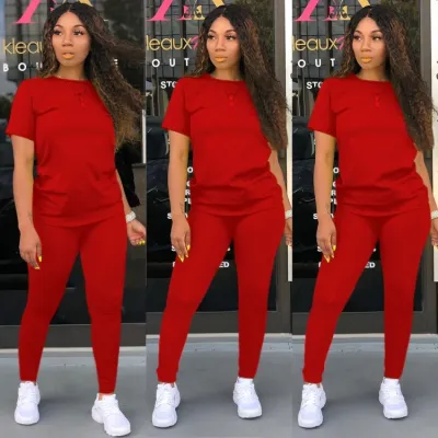 Women Summer Red Casual O-Neck Short Sleeves High Waist Solid Regular Two Piece Pants Set