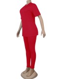 Women Summer Red Casual O-Neck Short Sleeves High Waist Solid Regular Two Piece Pants Set