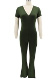 Women Summer Green Casual V-neck Short Sleeves Solid Full Length Regular Jumpsuit