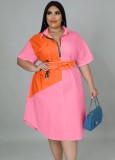 Women Autumn Pink Casual Turn-down Collar Half Sleeves Color Blocking Zippers Midi Loose Plus Size Casual Dress