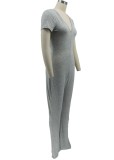 Women Summer Grey Casual V-neck Short Sleeves Solid Full Length Regular Jumpsuit