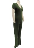 Women Summer Green Casual V-neck Short Sleeves Solid Full Length Regular Jumpsuit