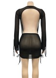 Women Summer Black Sexy V-neck Full Sleeves High Waist Solid Mesh Regular MiniTwo Piece Skirt Set