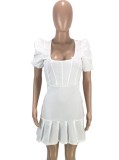 Women Summer White Cute Square Collar Puff Sleeve Solid Pleated Mini Sheath Club Dress