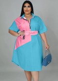 Women Blue Casual Turn-down Collar Half Sleeves Color Blocking Zippers Midi Loose Plus Size Casual Dress