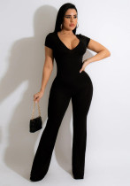 Women Summer Black Casual V-neck Short Sleeves Solid Full Length Regular Jumpsuit