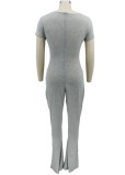 Women Summer Grey Casual V-neck Short Sleeves Solid Full Length Regular Jumpsuit