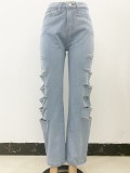 Women Summer Blue Straight High Waist Zipper Fly Solid Hollow Out Full Length Regular Jeans Pants