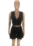 Women Summer Black Casual V-neck Sleeveless High Waist Solid Pleated打褶 Regular Two Piece Shorts Set
