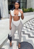 Women Summer White Sexy Square Neck Sleeveless High Waist Solid Mesh See Through Skinny Two Piece Pants Set