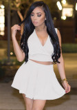 Women Summer White Casual V-neck Sleeveless High Waist Solid Pleated打褶 Regular Two Piece Shorts Set