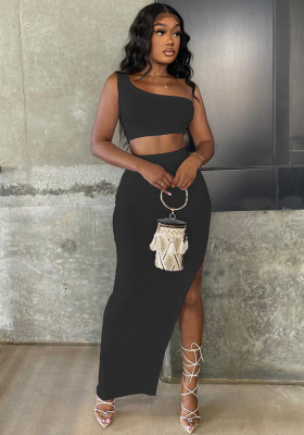 Women Summer Black Modest Slash Neck Sleeveless High Waist Solid Ripped Regular MaxiTwo Piece Skirt Set