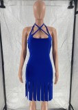 Women Summer Blue Sexy Halter Sleeveless Solid Tassel Knee-Length Straight Club Dress