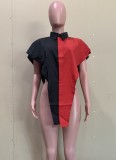 Women Summer Black and red Modest V-neck Short Sleeves Color Blocking Button Long Shirt