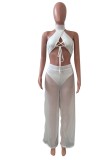 Women Summer White Sexy Halter Sleeveless High Waist Solid Lace Up Loose Two Piece Pants Set