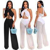 Women Summer Black Sexy Halter Sleeveless High Waist Solid Lace Up Loose Two Piece Pants Set