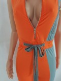 Women Summer Orange Casual Stand Collar Sleeveless Color Blocking Belted Full Length Regular Jumpsuit