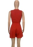Women Summer Red Casual V-neck Sleeveless High Waist Solid Pleated打褶 Regular Two Piece Shorts Set