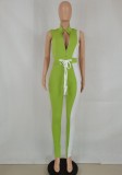 Women Summer Green Casual Stand Collar Sleeveless Color Blocking Belted Full Length Regular Jumpsuit