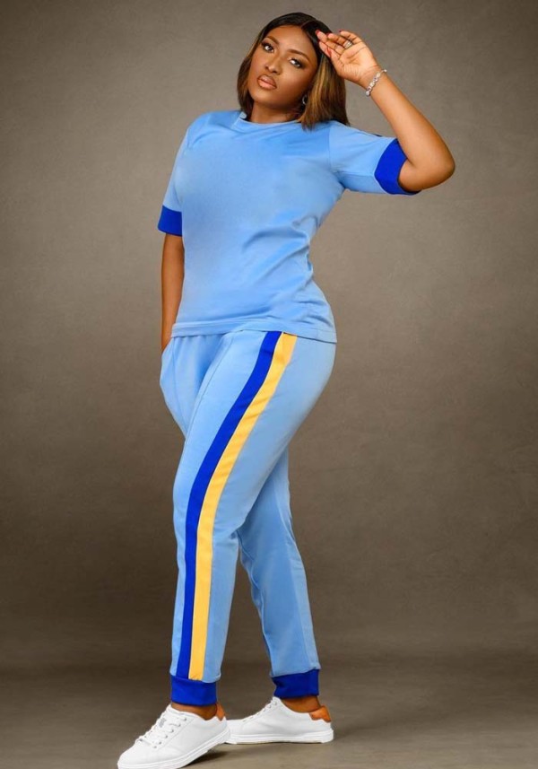 Women Summer Blue Sports O-Neck Short Sleeves High Waist Patchwork Pockets Loose Two Piece Pants Set