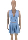 Women Summer Blue Casual V-neck Sleeveless High Waist Solid Pleated打褶 Regular Two Piece Shorts Set