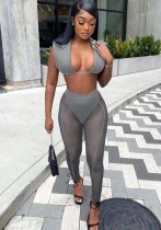 Women Summer Grey Sexy Square Neck Sleeveless High Waist Solid Mesh See Through Skinny Two Piece Pants Set