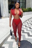 Women Summer Red Sexy Square Neck Sleeveless High Waist Solid Mesh See Through Skinny Two Piece Pants Set
