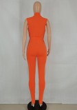 Women Summer Orange Casual Stand Collar Sleeveless Color Blocking Belted Full Length Regular Jumpsuit