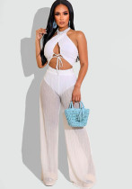 Women Summer White Sexy Halter Sleeveless High Waist Solid Lace Up Loose Two Piece Pants Set