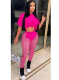 Women Summer Rose Casual O-Neck Short Sleeves High Waist Solid Skinny Two Piece Pants Set