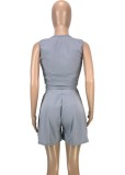 Women Summer Grey Casual V-neck Sleeveless High Waist Solid 添加其他 Regular Two Piece Shorts Set