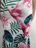 Women Summer White Casual Halter Sleeveless High Waist Floral Print Bow Regular Plus Size Two Piece Skirt Set