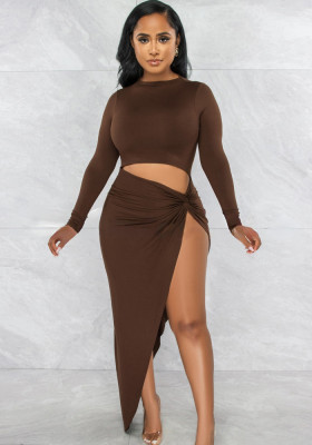 Women Summer Brown Sexy O-Neck Full Sleeves Solid Ripped Maxi Dress