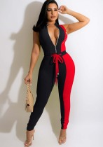 Women Summer Black Casual Stand Collar Sleeveless Color Blocking Belted Full Length Regular Jumpsuit